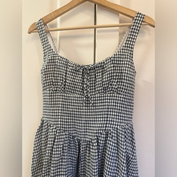 NEW Reformation Balia Midi Linen Dress in Slate Check Plaid Navy White | size 4 - Picture 9 of 16